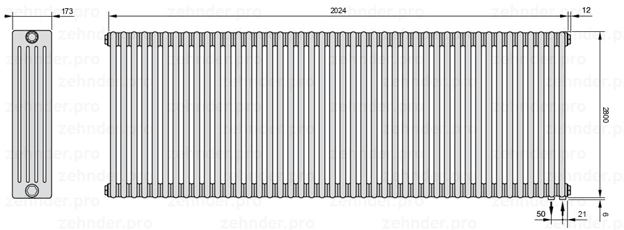 Схема (чертеж) Радиатор Zehnder Charleston 5280/44 №5510 Белый глянцевый RAL 9016